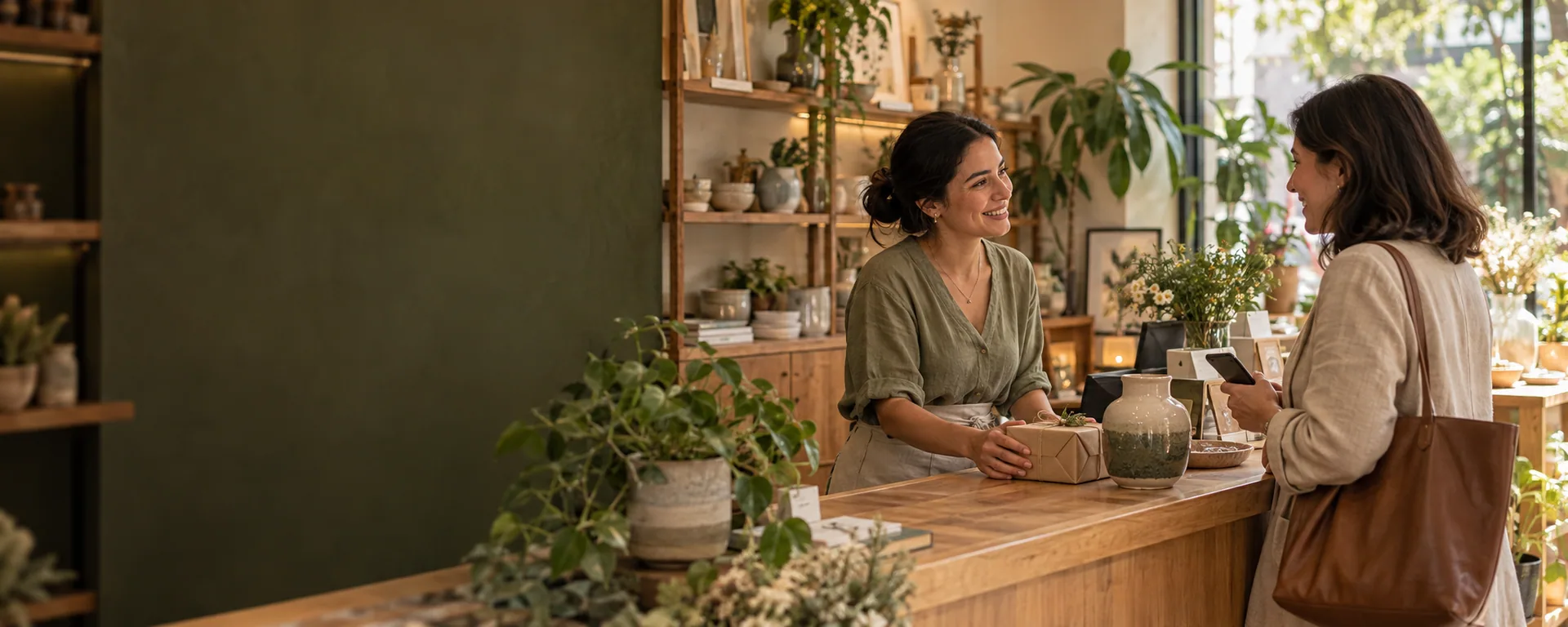 Una comerciante conversa con una clienta en un espacio cálido de su tienda.